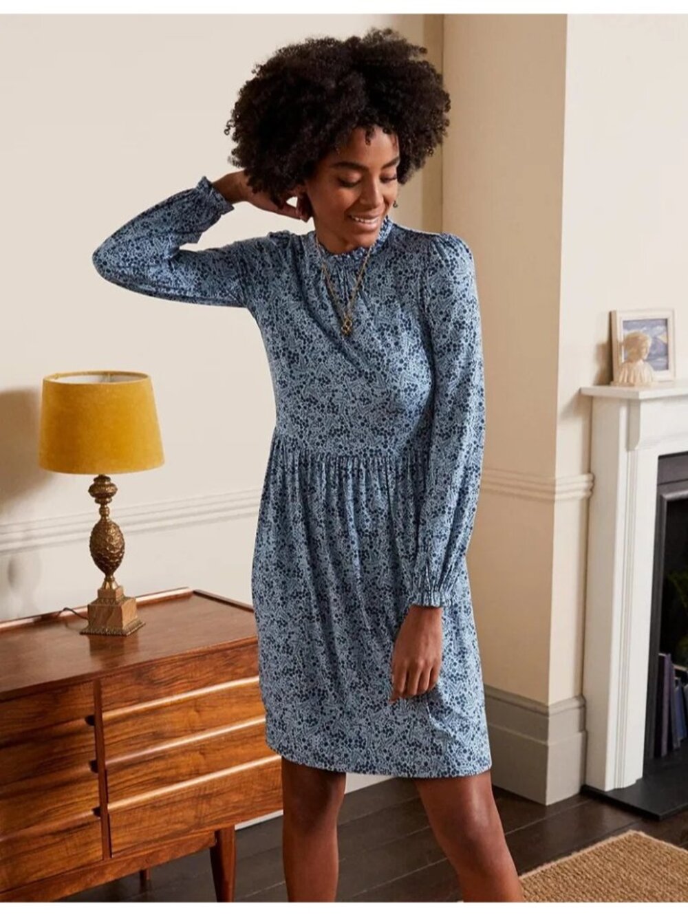 Boden Women's Clara Jersey Dress Blue Floral Long Sleeve Midi Dress 16/18